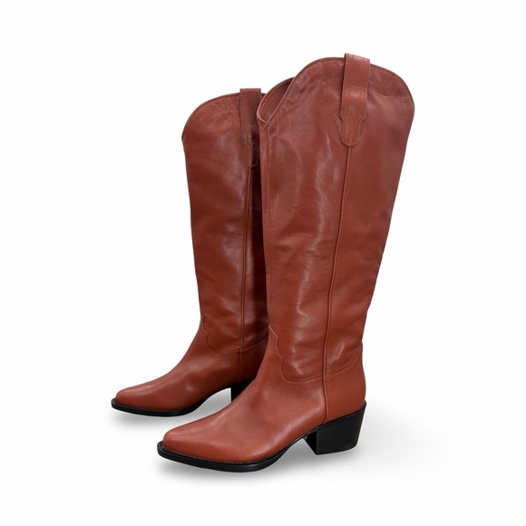 Quince Italian Leather Tall Western Boots in Saddle Brown Size 9 LIKE NEW - Picture 4 of 15